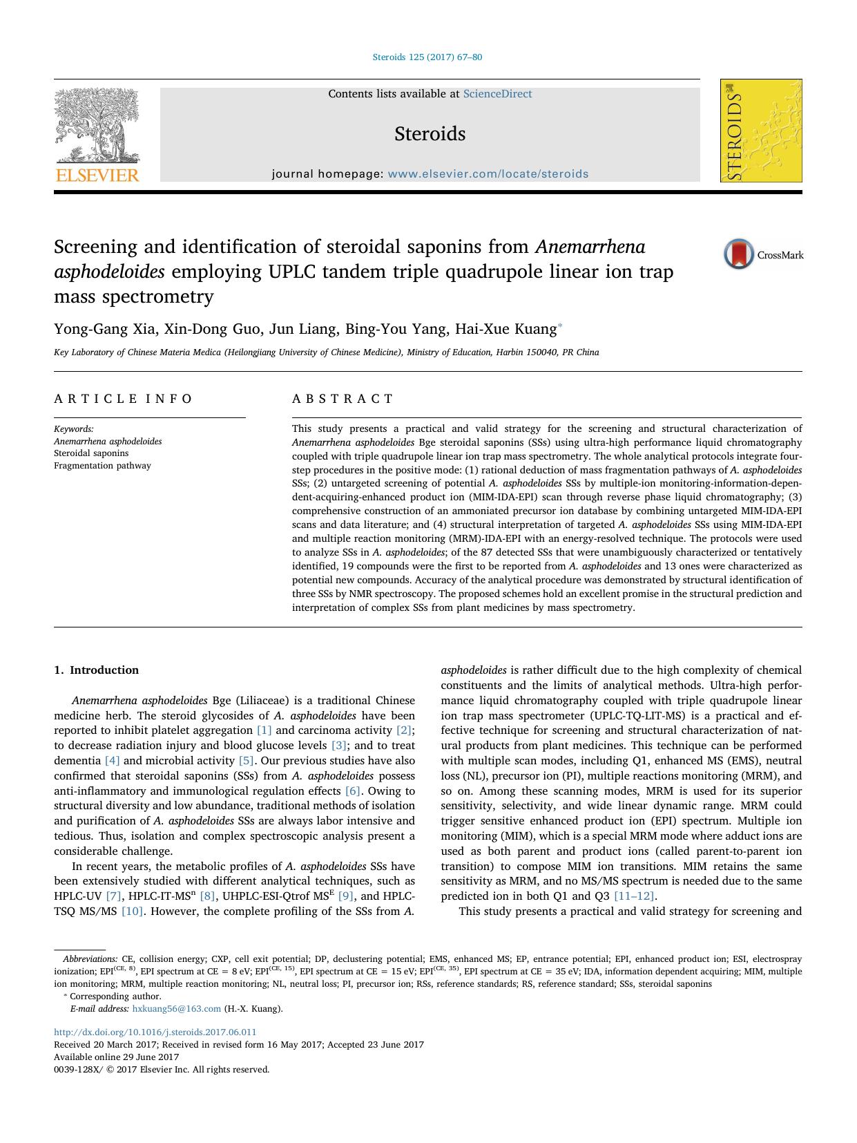 Screening and identification of steroidal saponins from Anemarrhena asphodeloides employing UPLC tandem triple quadrupole linear ion trap mass spectrometry by Yong-Gang Xia & Xin-Dong Guo & Jun Liang & Bing-You Yang & Hai-Xue Kuang