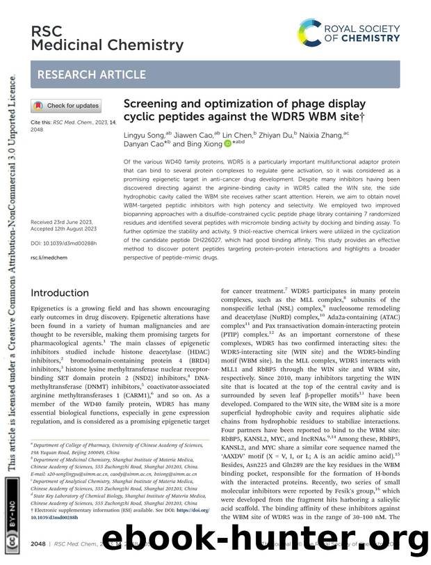 Screening and optimization of phage display cyclic peptides against the WDR5 WBM site by Lingyu Song & Jiawen Cao & Lin Chen & Zhiyan Du & Naixia Zhang & Danyan Cao & Bing Xiong