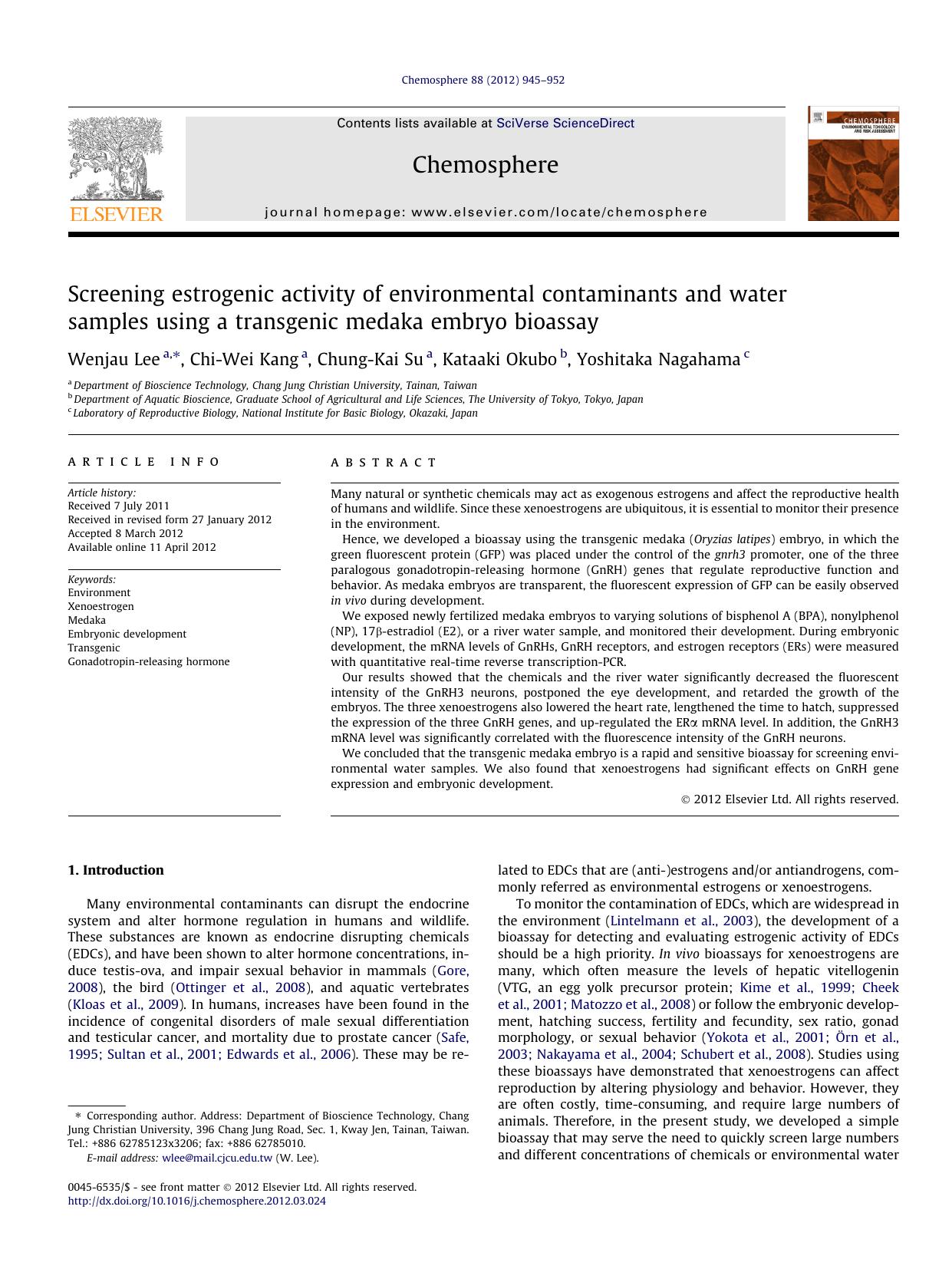 Screening estrogenic activity of environmental contaminants and water samples using a transgenic medaka embryo bioassay by Wenjau Lee & Chi-Wei Kang & Chung-Kai Su & Kataaki Okubo & Yoshitaka Nagahama