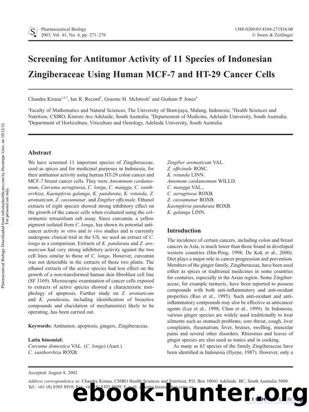 Screening for Antitumor Activity of 11 Species of Indonesian Zingiberaceae Using Human MCF-7 and HT-29 Cancer Cells by Chandra Kirana Ian R. Record Graeme H. McIntosh & Graham P. Jones