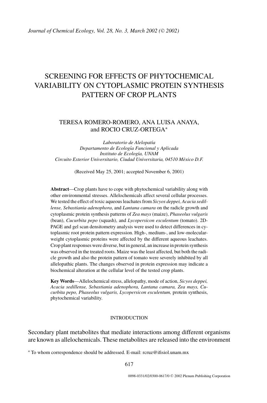 Screening for Effects of Phytochemical Variability on Cytoplasmic Protein Synthesis Pattern of Crop Plants by Unknown
