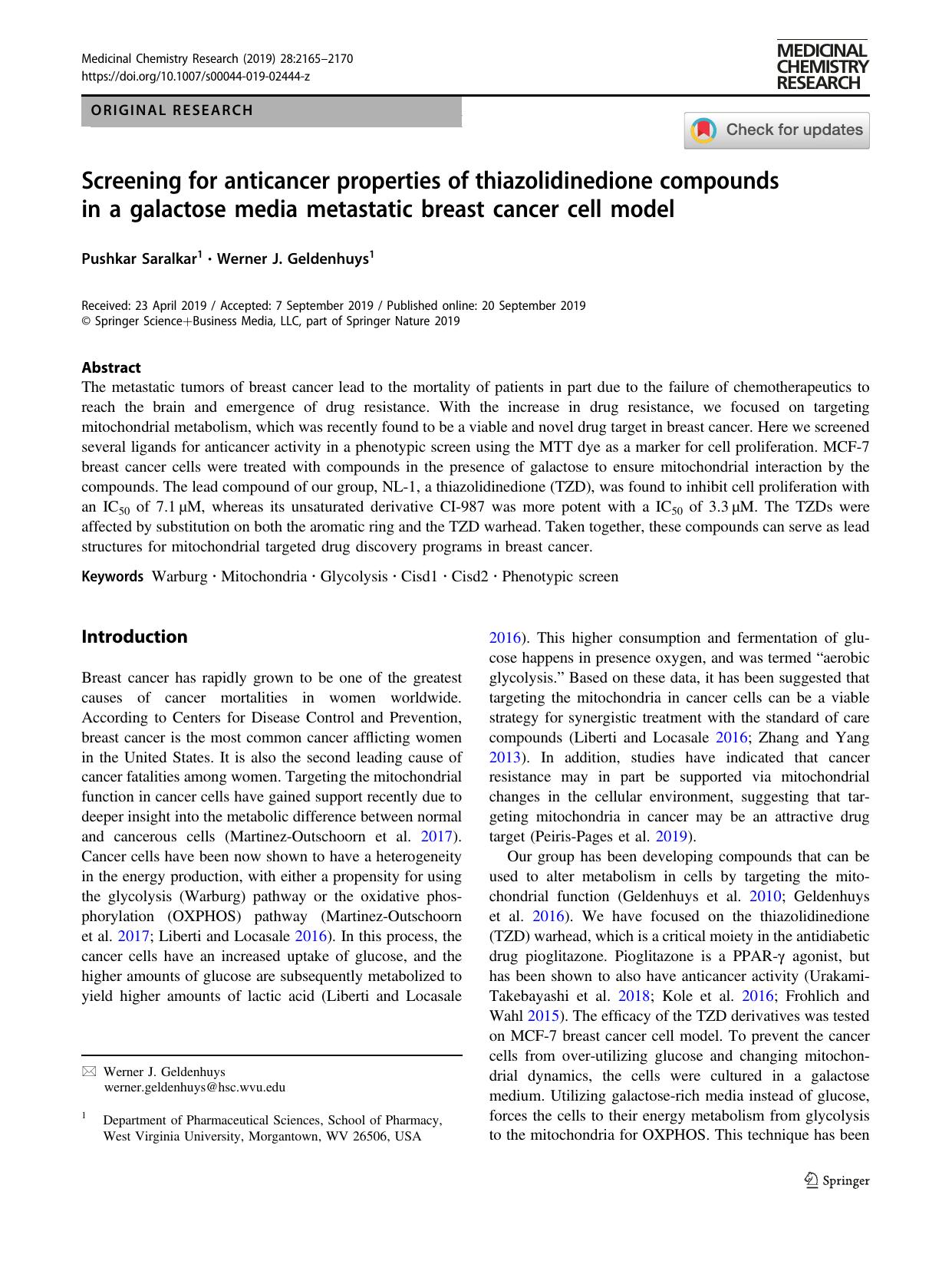 Screening for anticancer properties of thiazolidinedione compounds in a galactose media metastatic breast cancer cell model by Pushkar Saralkar & Werner J. Geldenhuys