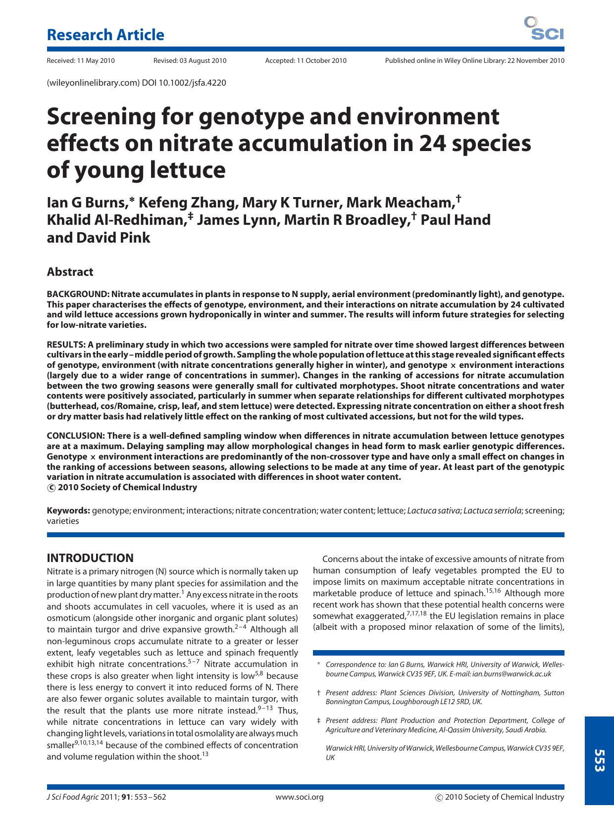 Screening for genotype and environment effects on nitrate accumulation in 24 species of young lettuce by Unknown