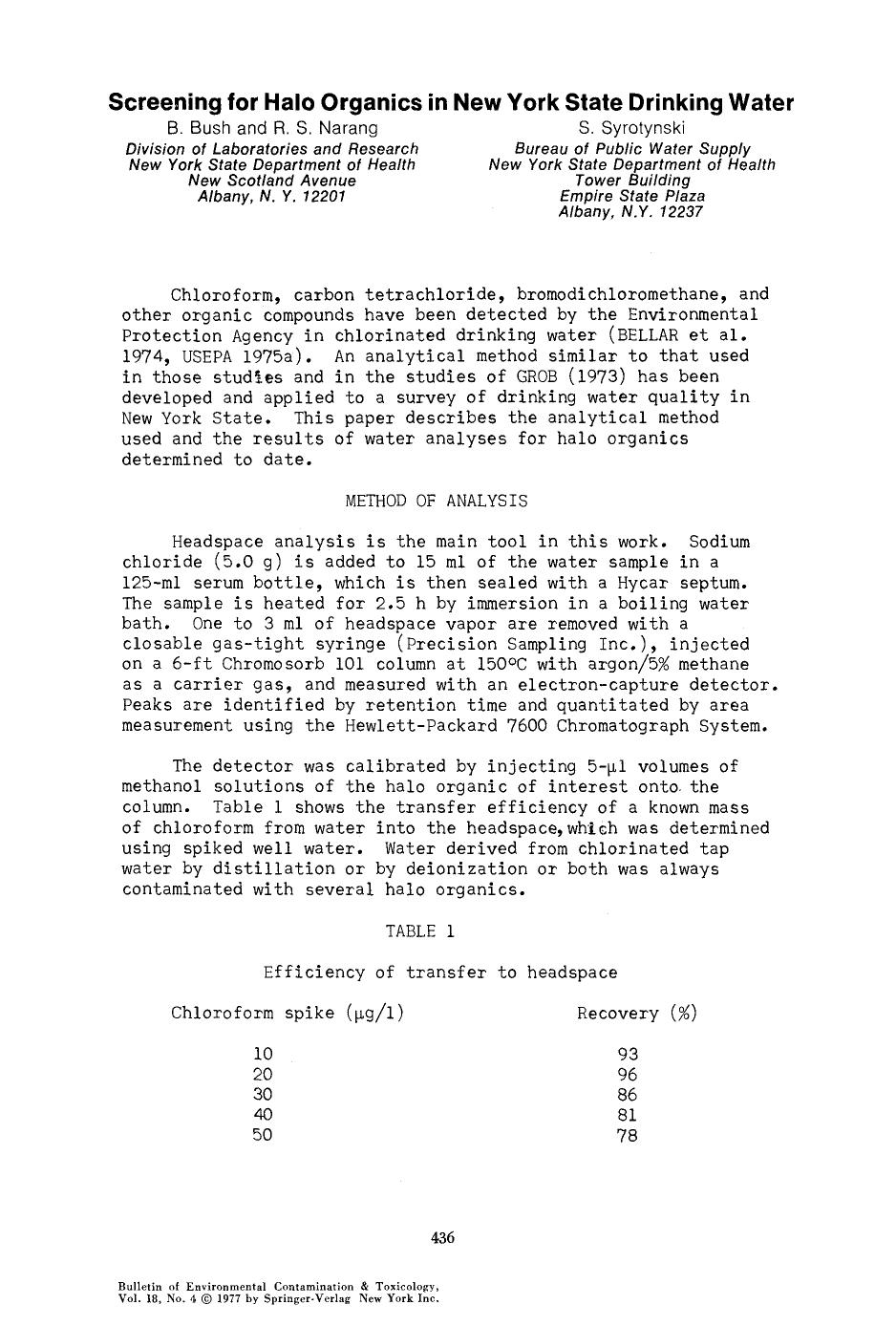 Screening for halo organics in new york state drinking water by Unknown