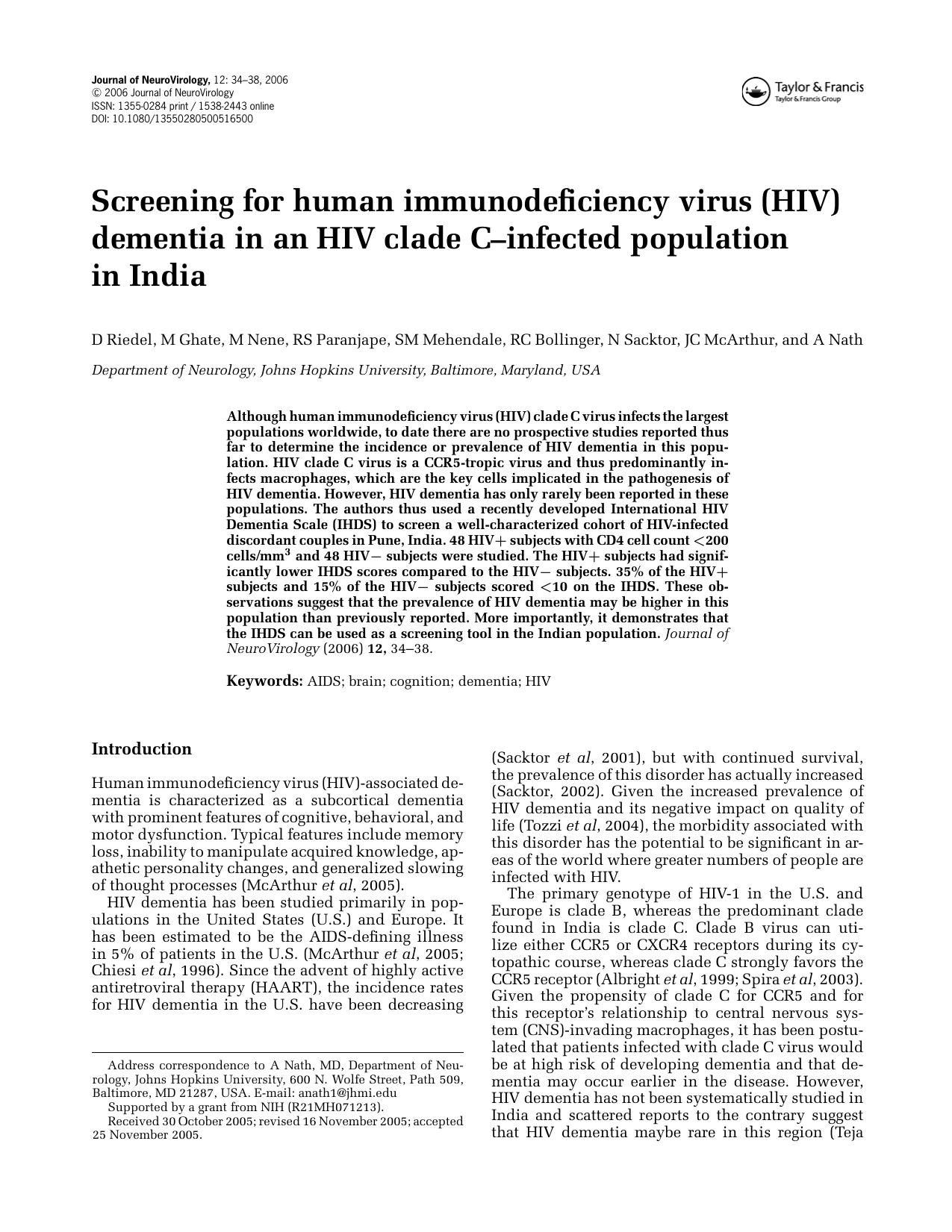 Screening for human immunodeficiency virus (HIV) dementia in an HIV clade C-infected population in India by Unknown