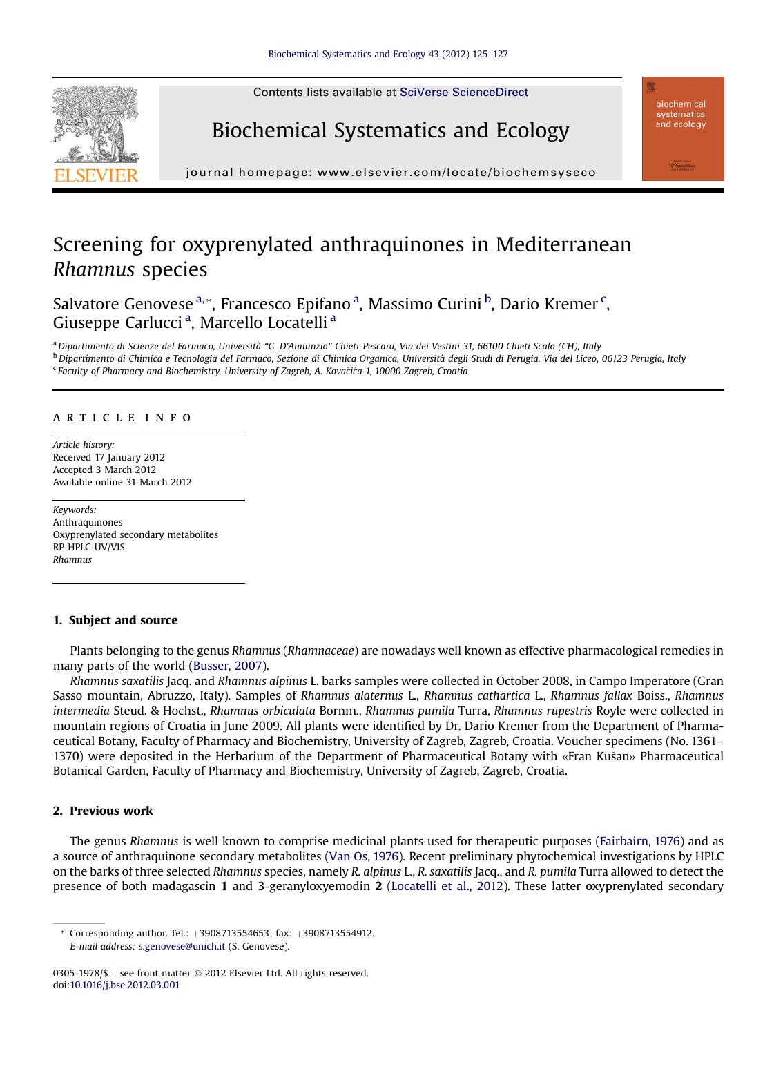 Screening for oxyprenylated anthraquinones in Mediterranean Rhamnus species by unknow