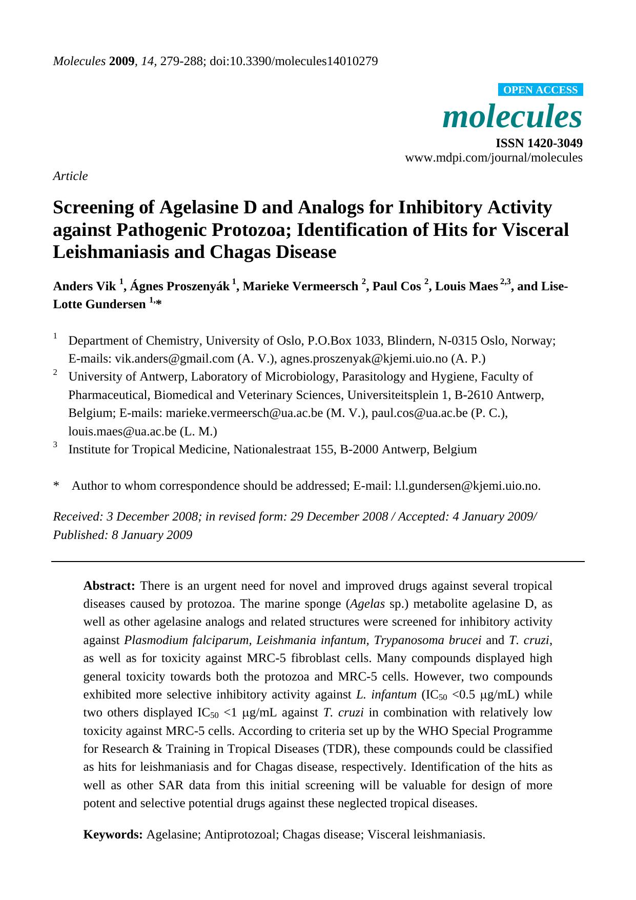 Screening of Agelasine D and Analogs for Inhibitory Activity against Pathogenic Protozoa; Identification of Hits for Visceral Leishmaniasis and Chagas Disease by unknow