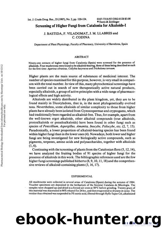 Screening of Higher Fungi from Catalonia for Alkaloids-I by J. Bastida F. Viladomat J. M. Llabres & C. Codina