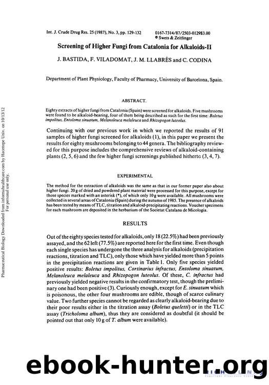 Screening of Higher Fungi from Catalonia for Alkaloids-II by J. Bastida F. Viladomat J. M. Llabrés & C. Codina
