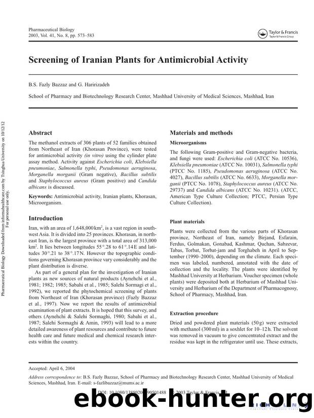 Screening of Iranian Plants for Antimicrobial Activity by B.S. Bazzaz & G. Haririzadeh