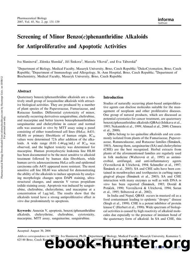 Screening of Minor Benzo( c.)phenanthridine Alkaloids for Antiproliferative and Apoptotic Activities by Iva Slaninová Zdenka Slunská Jiří Šinkora Marcela Vlková & Eva Táborská