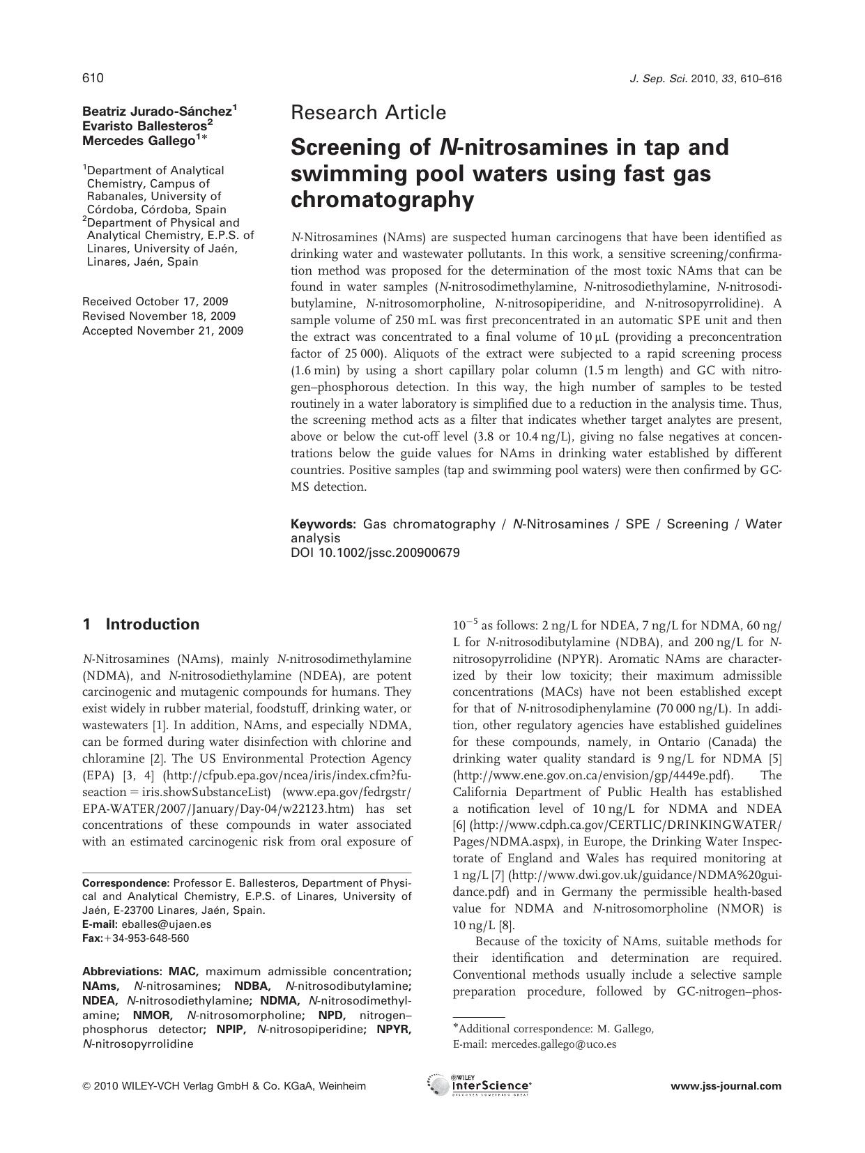 Screening of N?nitrosamines in tap and swimming pool waters using fast gas chromatography by Unknown