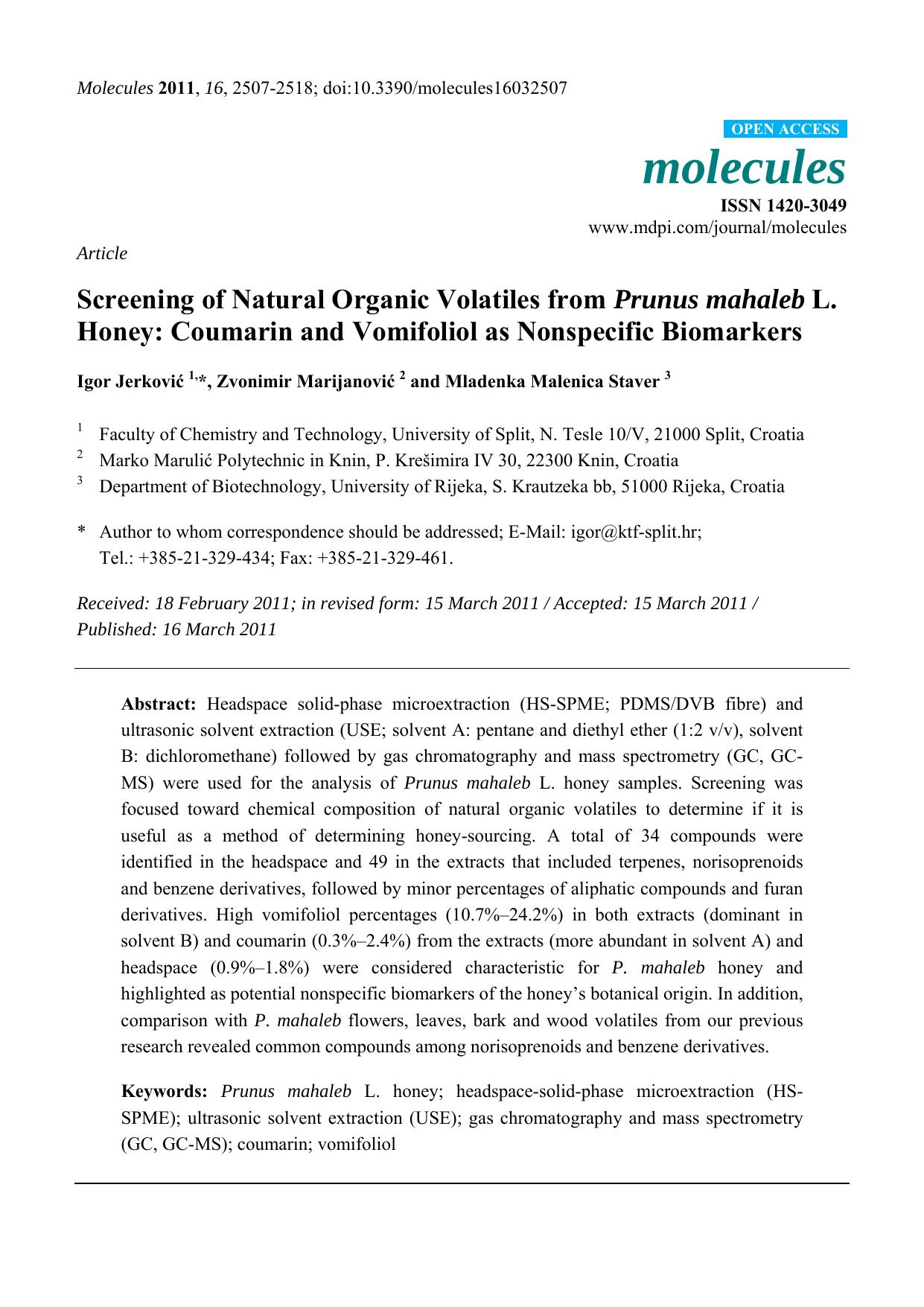 Screening of Natural Organic Volatiles from Prunus mahaleb L. Honey: Coumarin and Vomifoliol as Nonspecific Biomarkers by Igor Jerković & Zvonimir Marijanović & Mladenka Malenica Staver