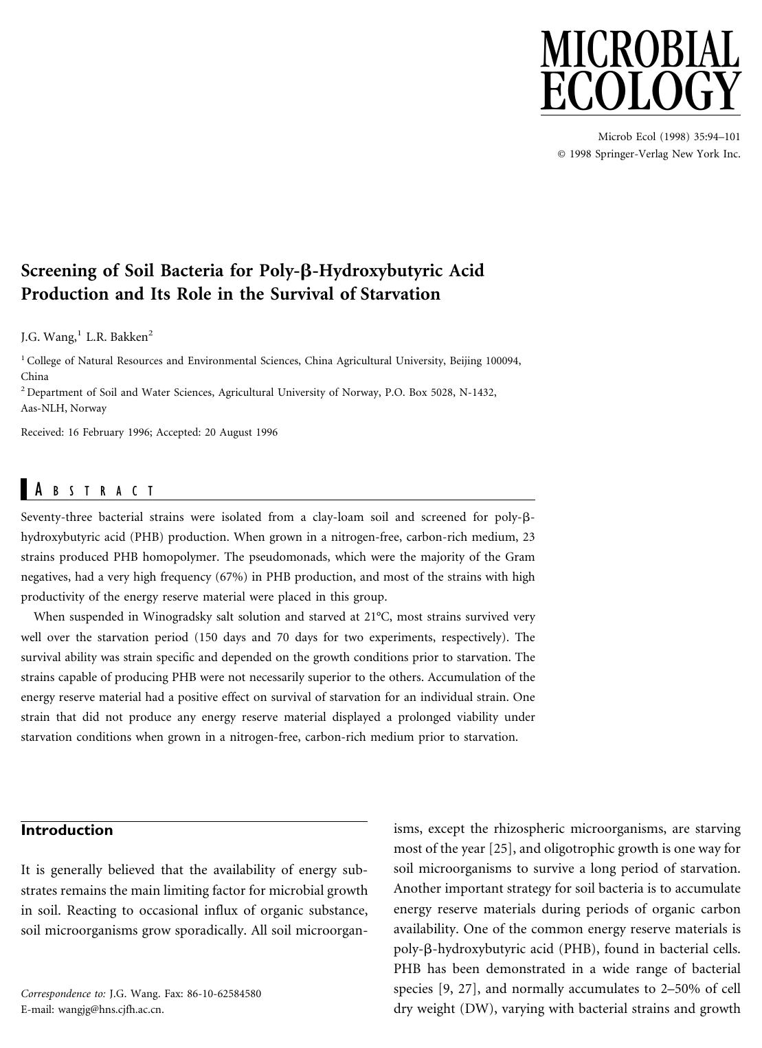 Screening of Soil Bacteria for Poly-&beta;-Hydroxybutyric Acid Production and Its Role in the Survival of Starvation by Wang J. et al