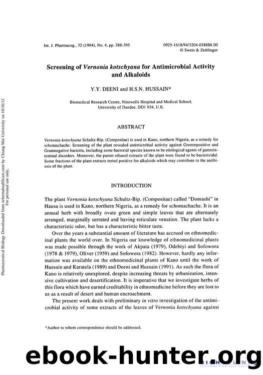 Screening of Vernonia kotschyana for Antimicrobial Activity and Alkaloids by Y. Y. Deeni & H. S. N. Hussain