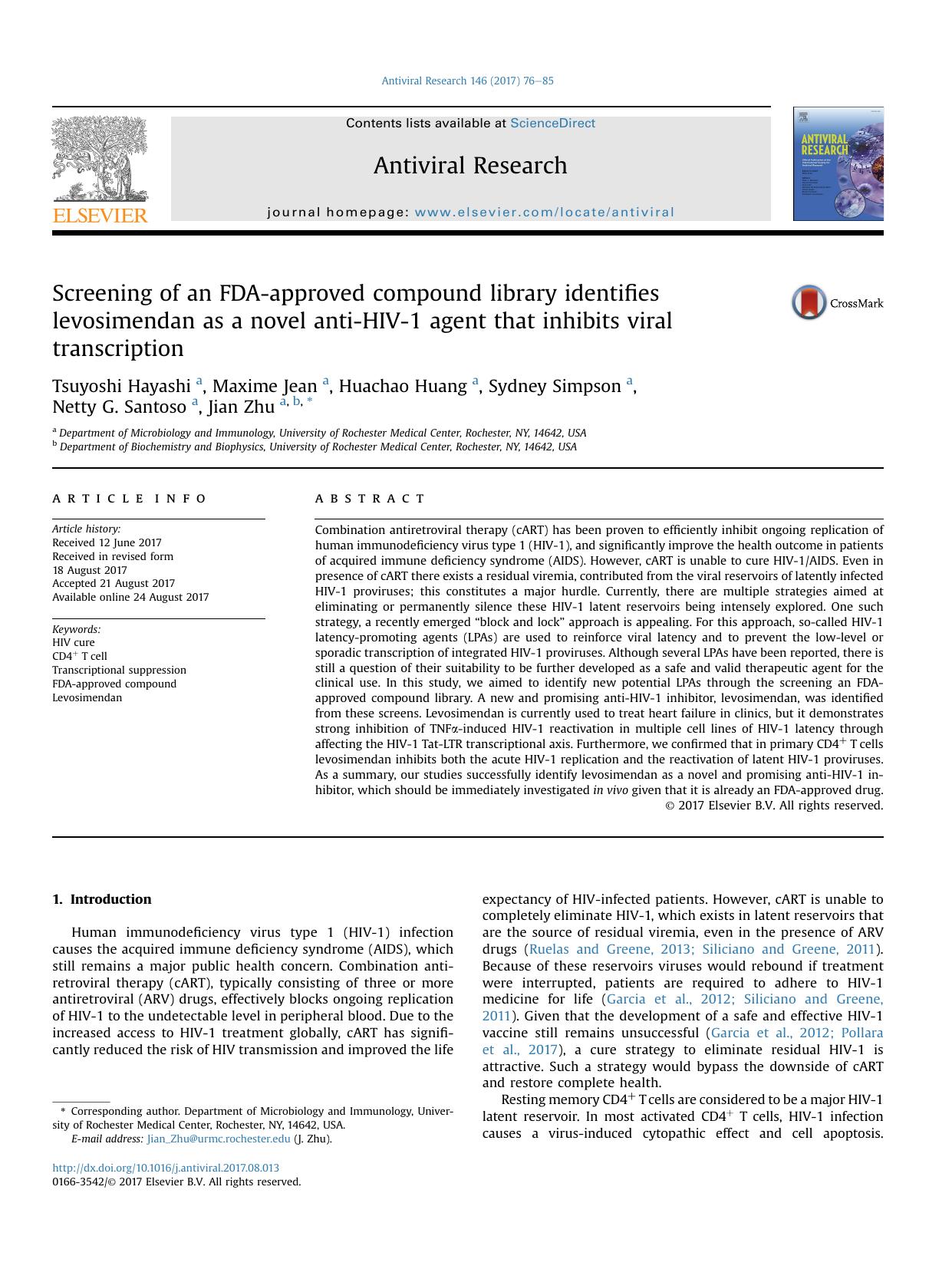 Screening of an FDA-approved compound library identifies levosimendan as a novel anti-HIV-1 agent that inhibits viral transcription by Tsuyoshi Hayashi & Maxime Jean & Huachao Huang & Sydney Simpson & Netty G. Santoso & Jian Zhu