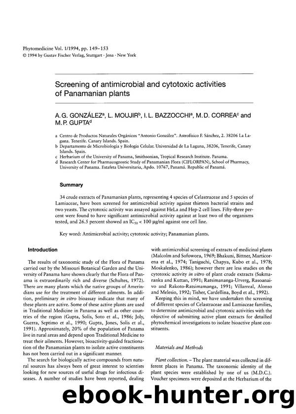 Screening of antimicrobial and cytotoxic activities of Panamanian plants by A.G. González & L. Moujir & I.L. Bazzocchi & M.D. Correa & M.P. Gupta