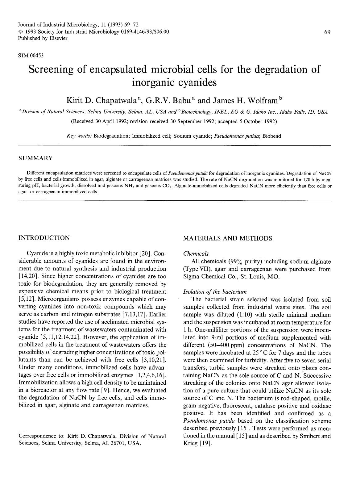 Screening of encapsulated microbial cells for the degradation of inorganic cyanides by Unknown