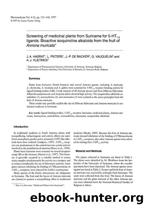 Screening of medicinal plants from Suriname for 5-HT1A ligands: Bioactive isoquinoline alkaloids from the fruit of Annona muricata by J.A. Hasrat & L. Pieters & J.-P. De Backer & G. Vauquelin & A.J. Vlietinck