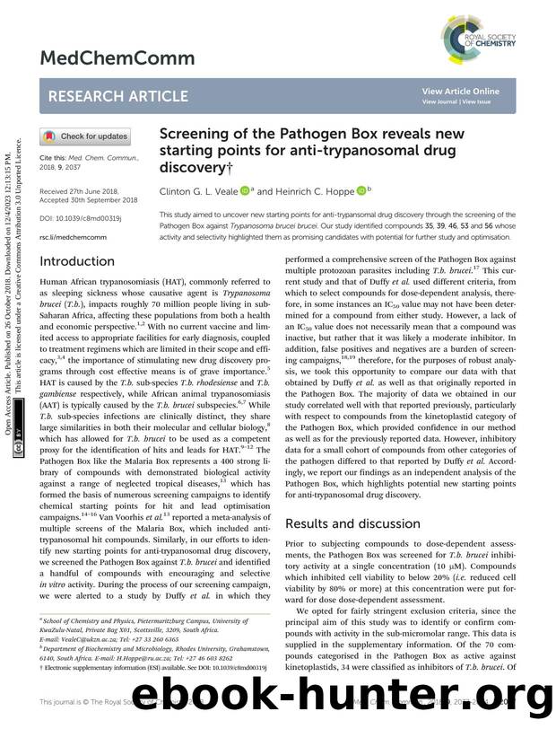 Screening of the Pathogen Box reveals new starting points for anti-trypanosomal drug discovery by Clinton G. L. Veale & Heinrich C. Hoppe