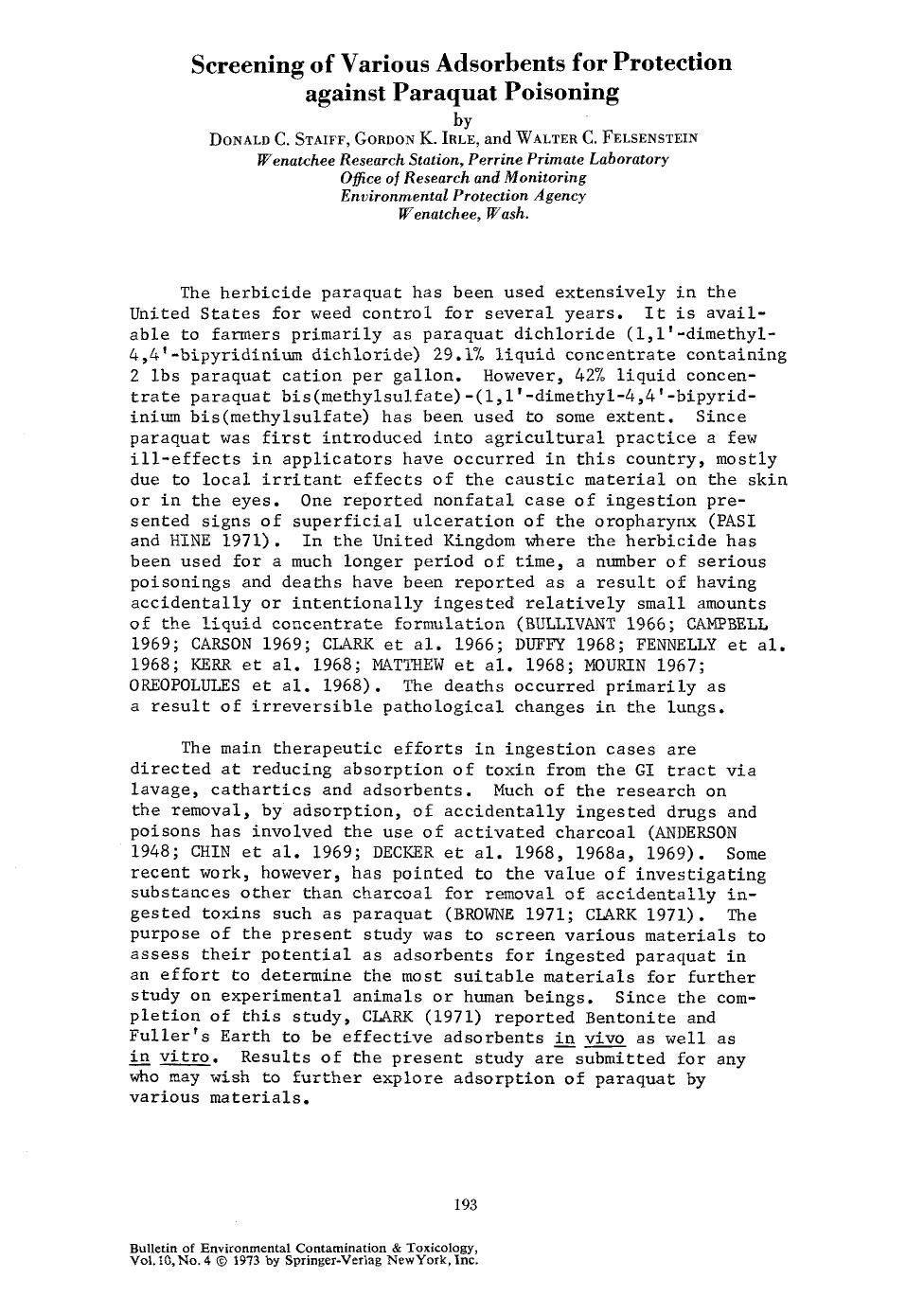 Screening of various adsorbents for protection against paraquat poisoning by Unknown