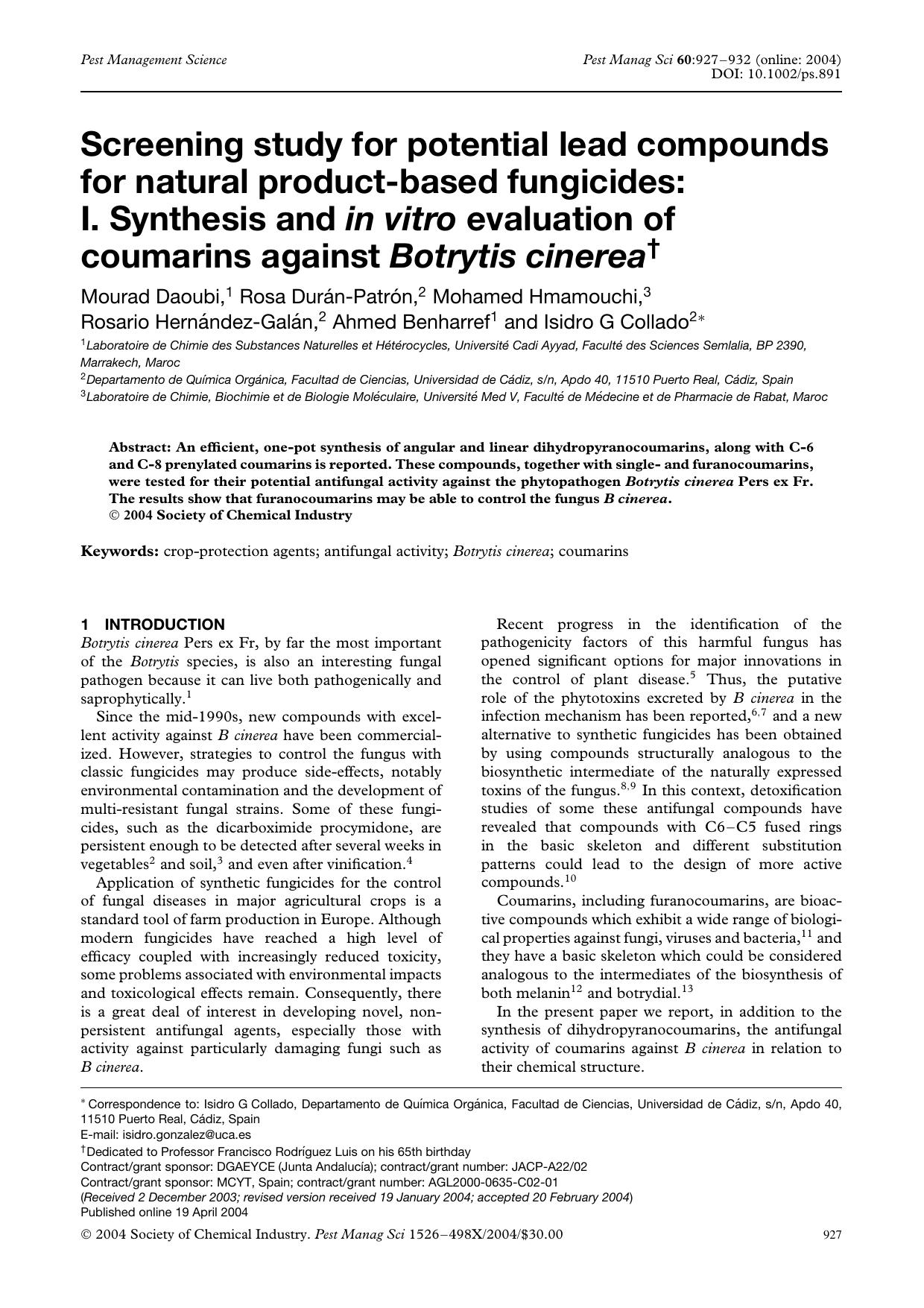 Screening study for potential lead compounds for natural product-based fungicides: I. Synthesis and in vitro evaluation of coumarins against Botrytis cinerea by Unknown