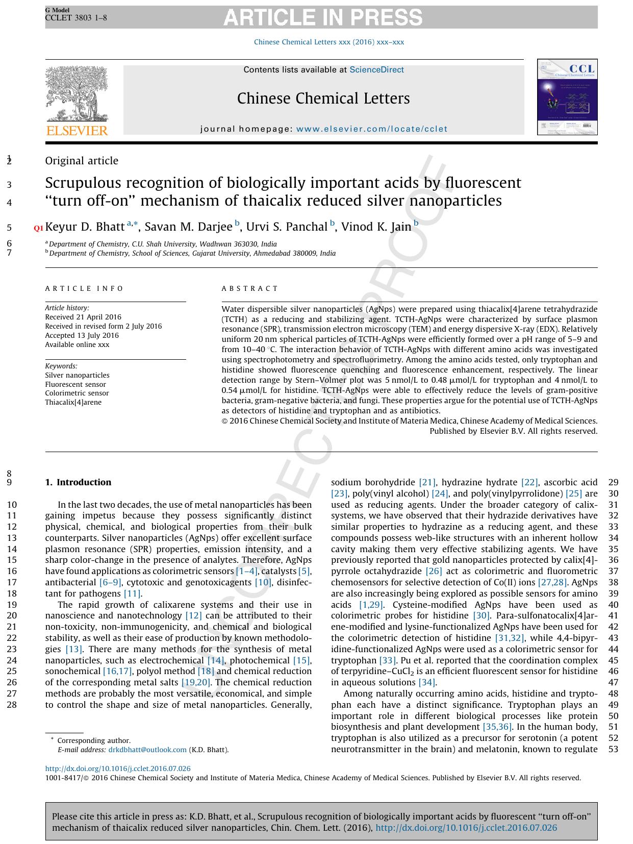 Scrupulous recognition of biologically important acids by fluorescent âturn off-onâ mechanism of thaicalix reduced silver nanoparticles by Keyur D. Bhatt & Savan M. Darjee & Urvi S. Panchal & Vinod K. Jain