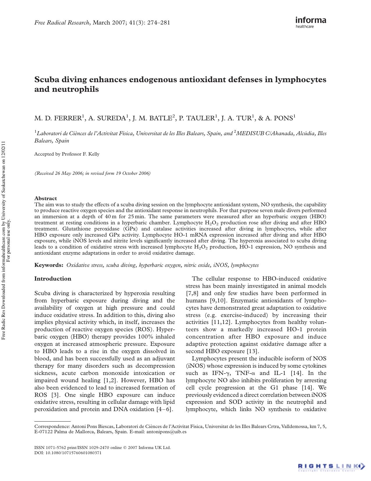 Scuba diving enhances endogenous antioxidant defenses in lymphocytes and neutrophils by M. D. Ferrer1 A. Sureda1 J. M. Batle2 P. Tauler1 J. A. Tur1 & A. Pons1†
