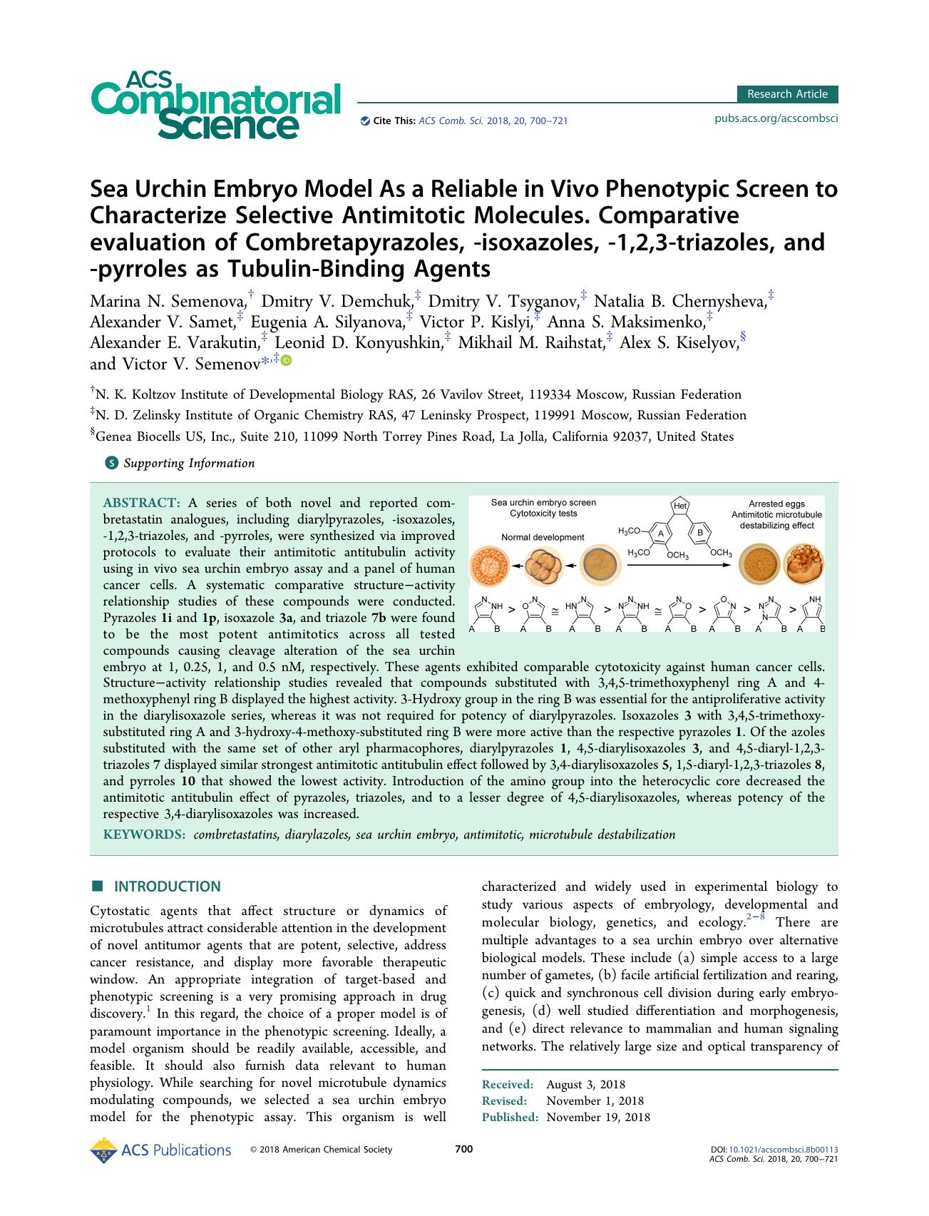 Sea Urchin Embryo Model As a Reliable in Vivo Phenotypic Screen to Characterize Selective Antimitotic Molecules. Comparative evaluation of Combretapyrazoles, -isoxazoles, -1,2,3-tr by unknow