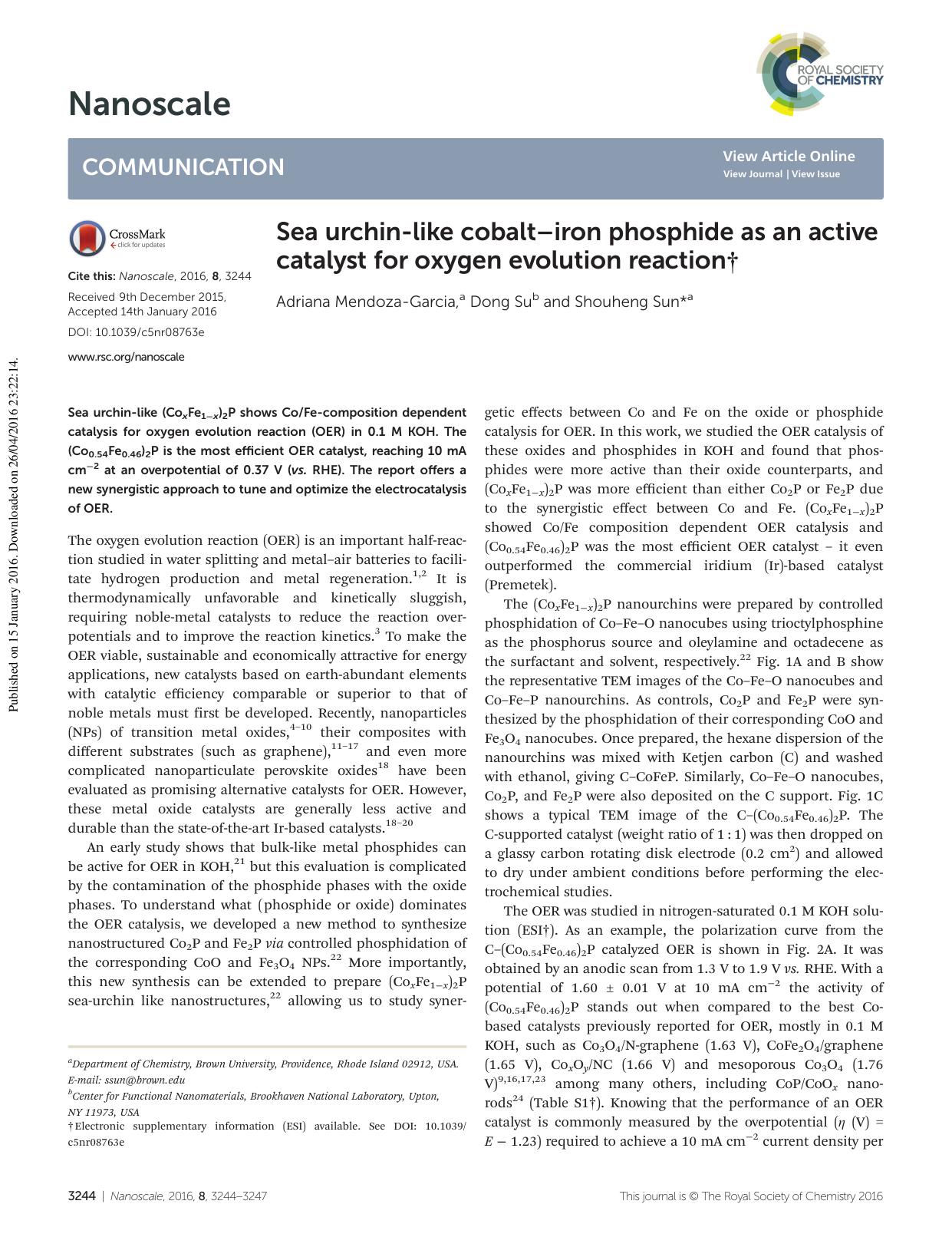 Sea urchin-like cobaltâiron phosphide as an active catalyst for oxygen evolution reaction by Adriana Mendoza-Garcia Dong Su Shouheng Sun