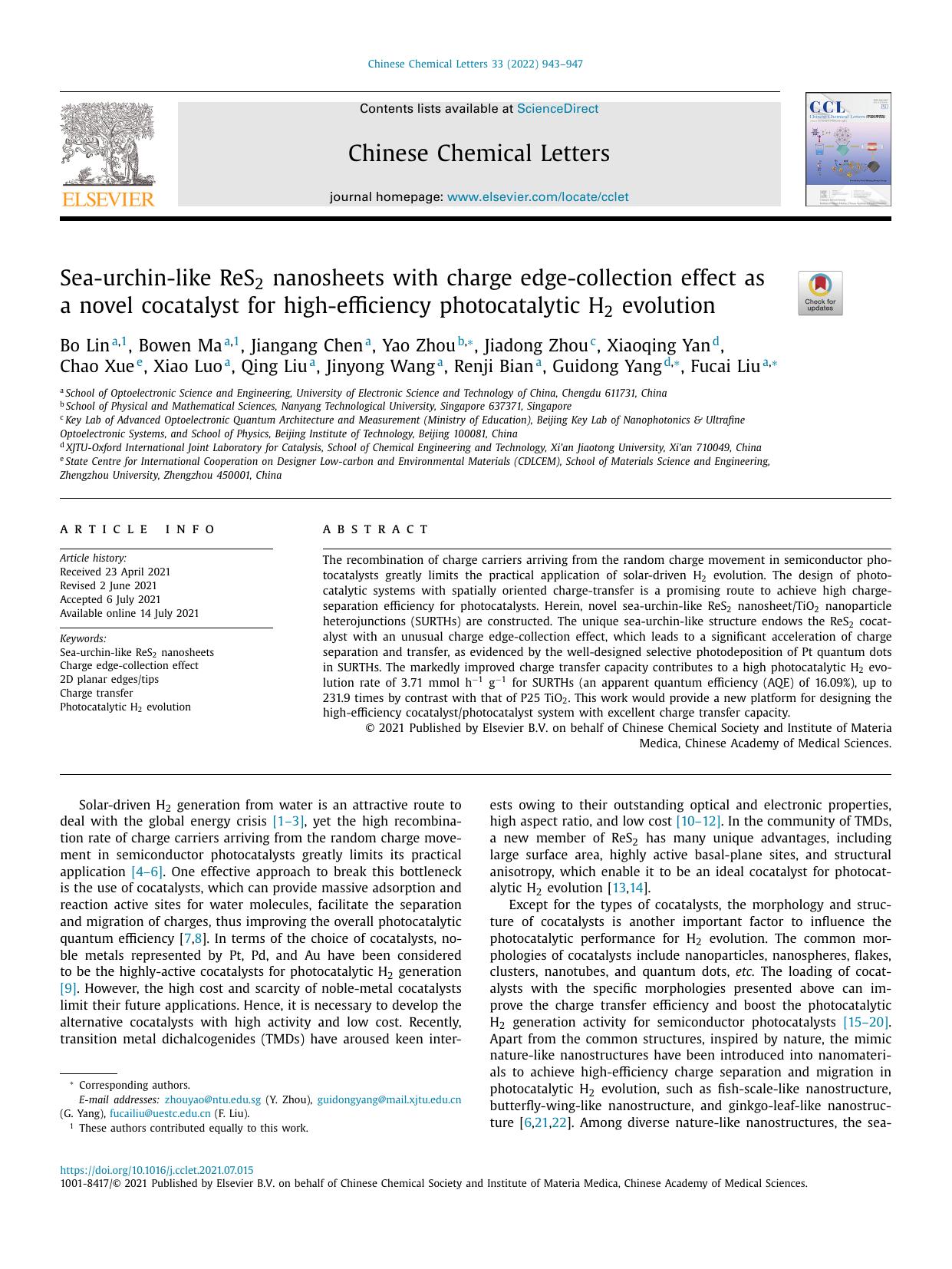 Sea-urchin-like ReS2 nanosheets with charge edge-collection effect as a novel cocatalyst for high-efficiency photocatalytic H2 evolution by unknow