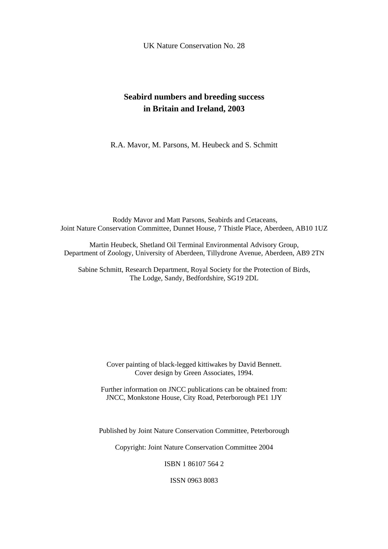 Seabird Numbers and Breeding Success in Britain and Ireland 2003 (UK Nature Conservation Series) by R.A. Mavor