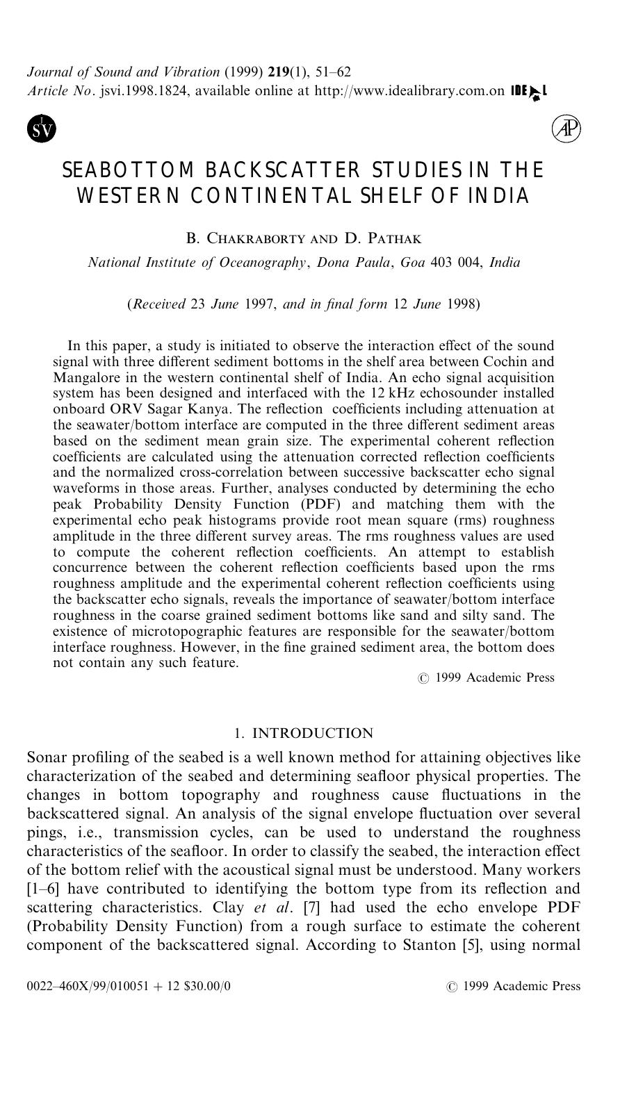 Seabottom Backscatter Studies in the Western Continental Shelf of India by Chakraborty B. & Pathak D