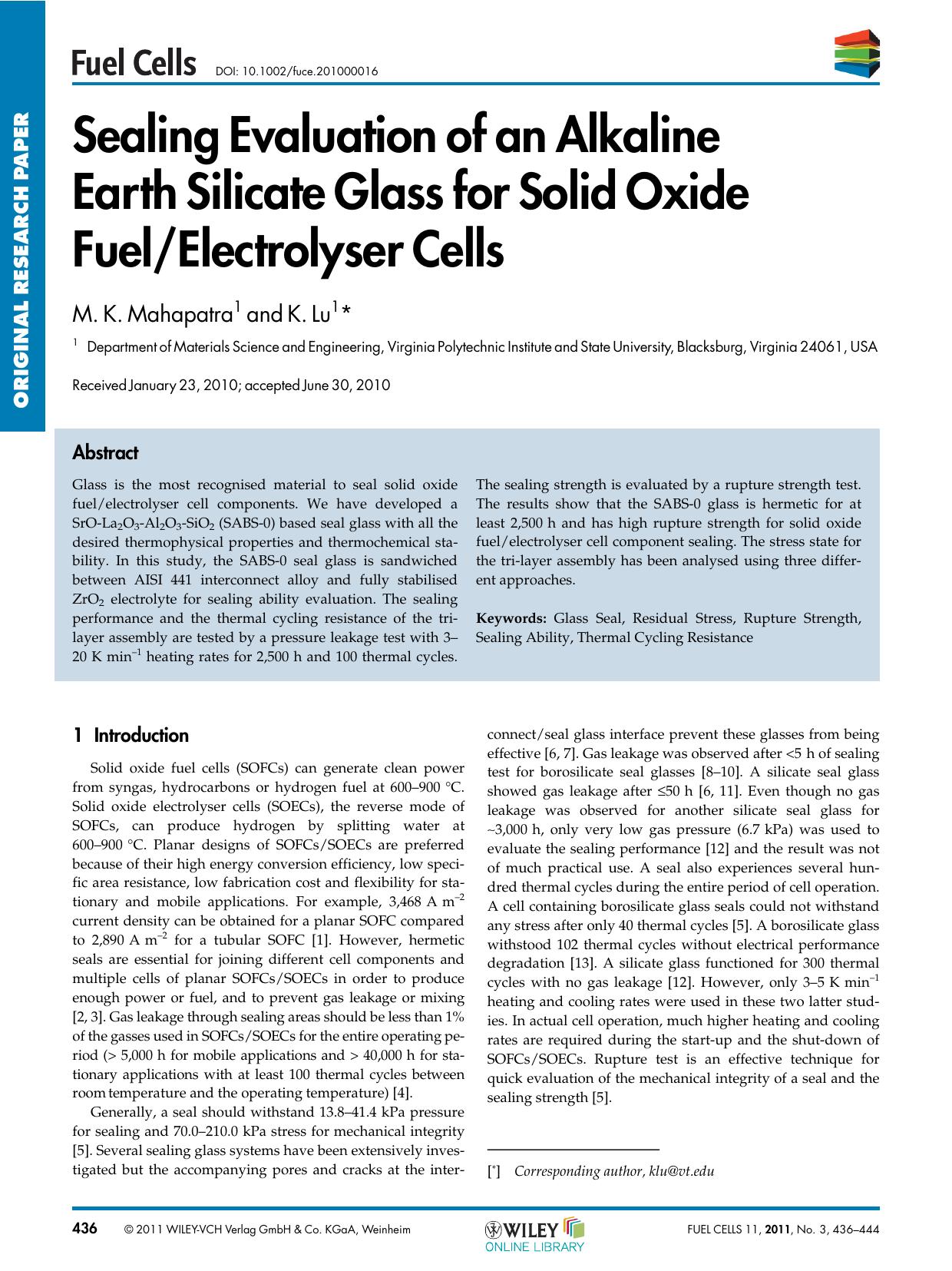 Sealing Evaluation of an Alkaline EarthSilicate Glass for Solid Oxide FuelElectrolyser Cells by Unknown