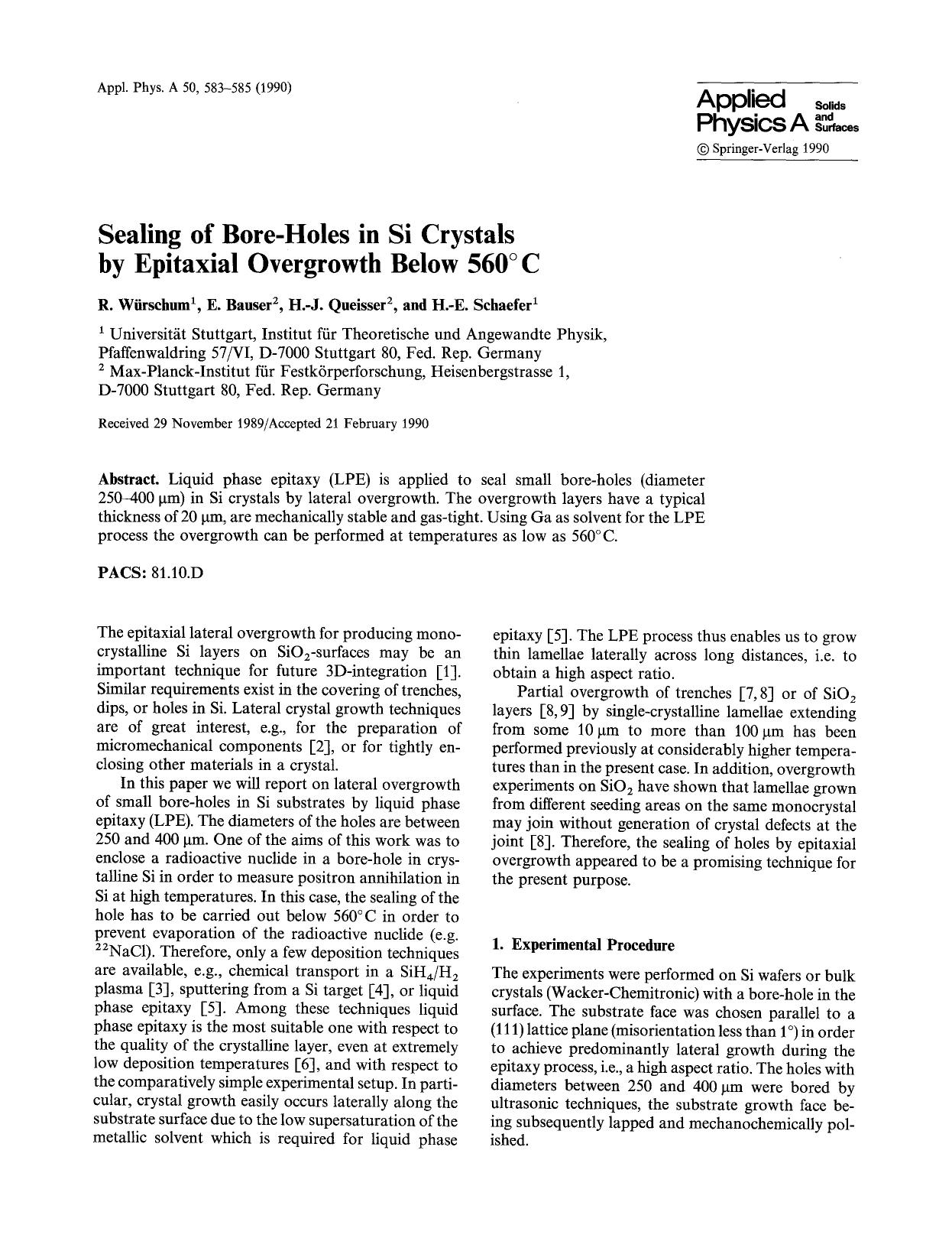 Sealing of bore-holes in Si crystals by epitaxial overgrowth below 560° C by Unknown
