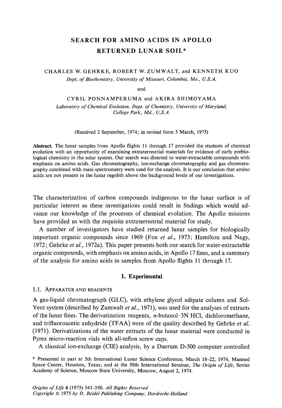 Search for amino acids in apollo returned lunar soil by Unknown