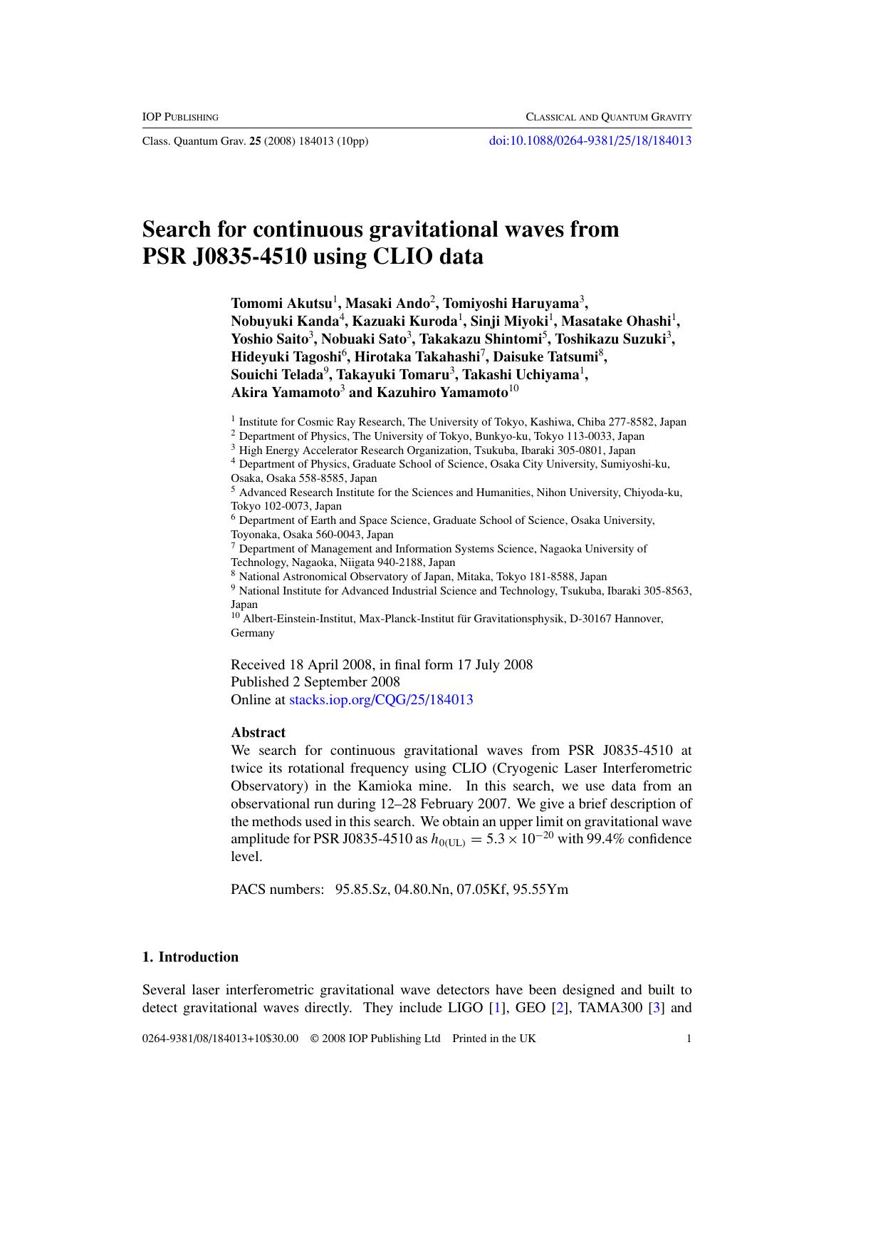 Search for continuous gravitational waves from PSR J0835-4510 using CLIO data by T Akutsu et al