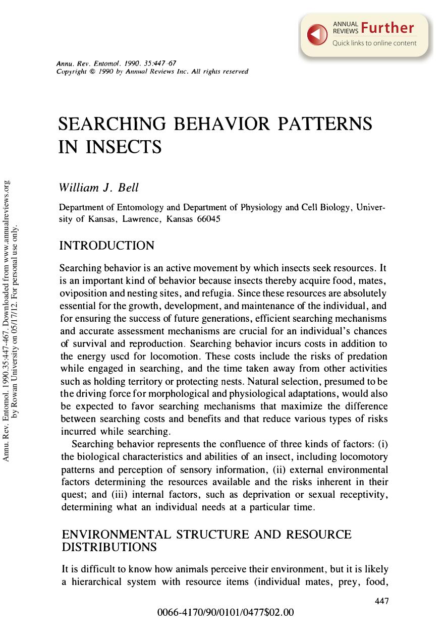 Searching Behavior Patterns in Insects by W J Bell