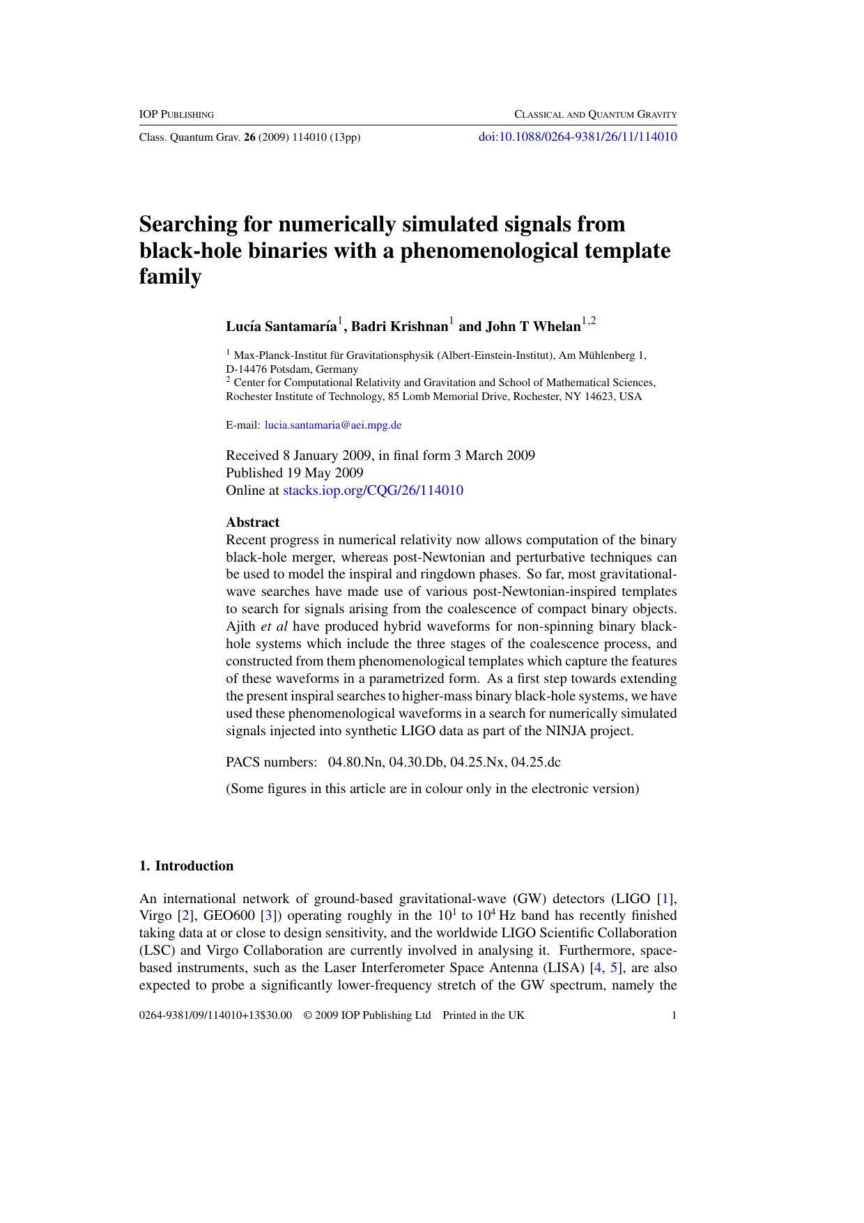 Searching for NR signals from black-hole binaries with phenomenological templates by L SantamarÌa et al