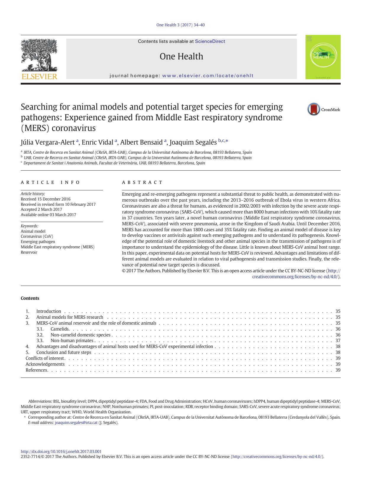 Searching for animal models and potential target species for emerging pathogens: Experience gained from Middle East respiratory syndrome (MERS) coronavirus by Júlia Vergara-Alert & Enric Vidal & Albert Bensaid & Joaquim Segalés