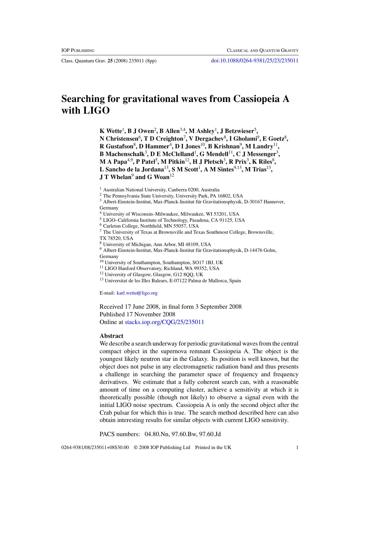 Searching for gravitational waves from Cassiopeia A with LIGO by K Wette et al