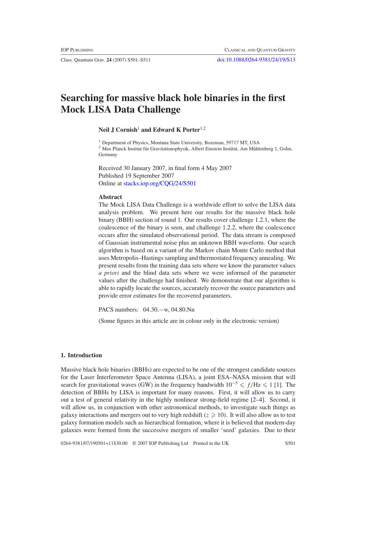 Searching for massive black hole binaries in the first Mock LISA Data Challenge by N J Cornish & E K Porter