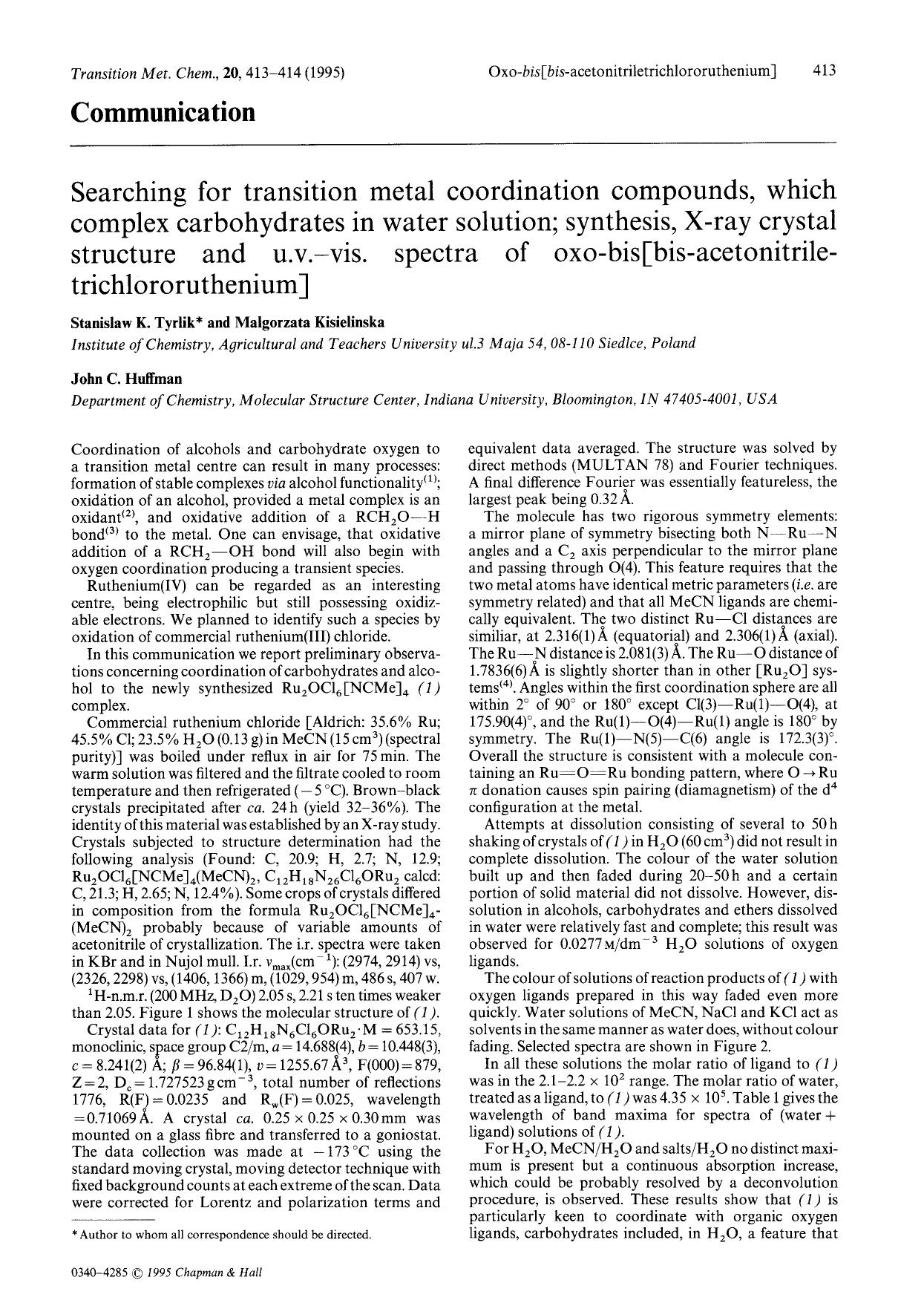 Searching for transition metal coordination compounds, which complex carbohydrates in water solution; synthesis, X-ray crystal structure and u.v.-vis. spectra of oxo-bis[bis-aceton by Unknown
