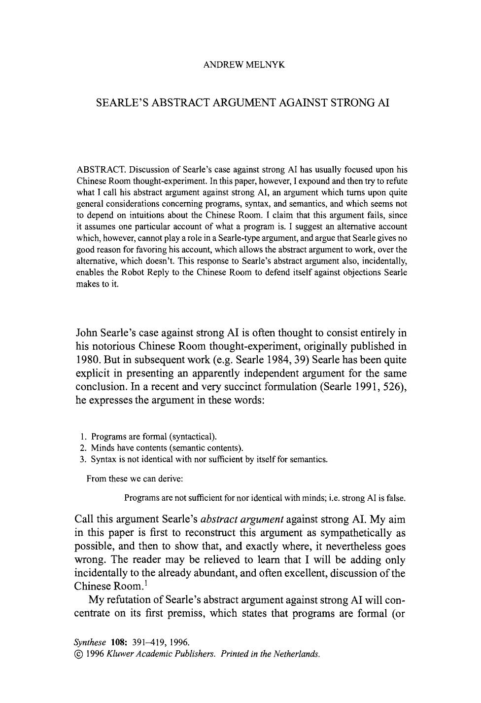 Searle's abstract argument against strong AI by Unknown
