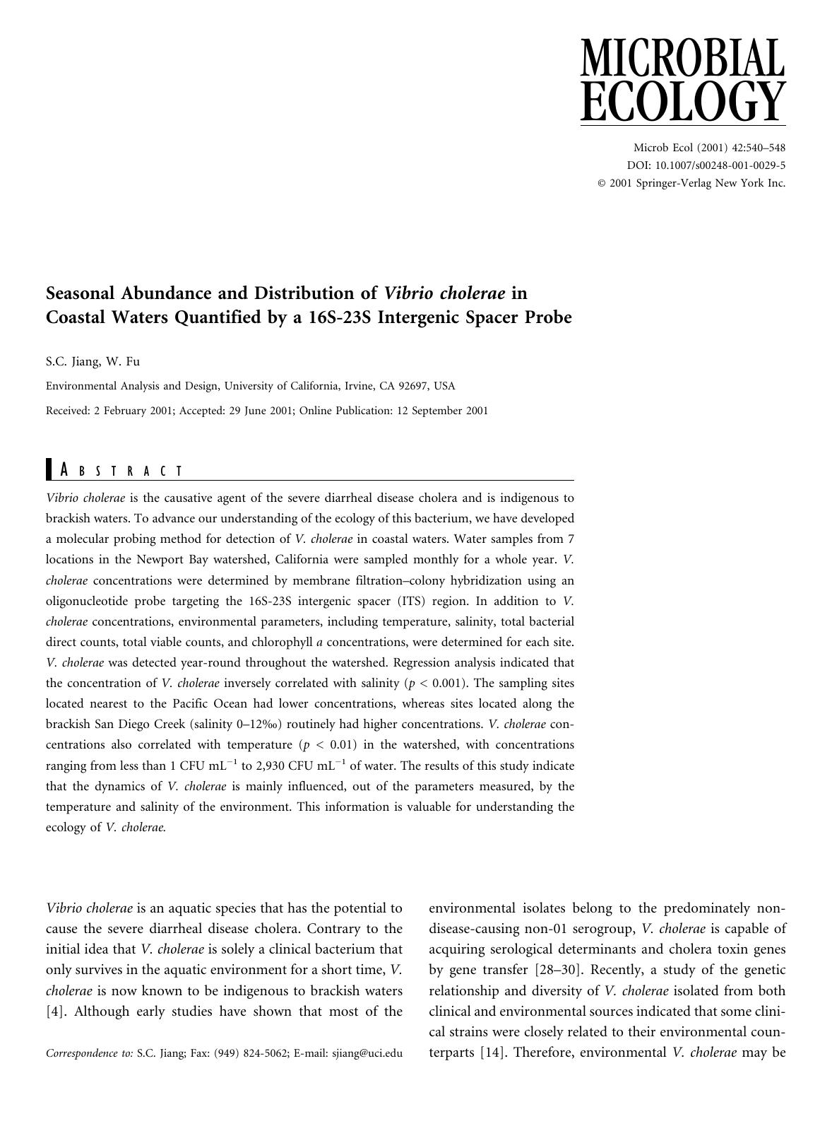 Seasonal Abundance and Distribution of Vibrio cholerae in Coastal Waters Quantified by a 16S-23S Intergenic Spacer Probe by Jiang S. et al