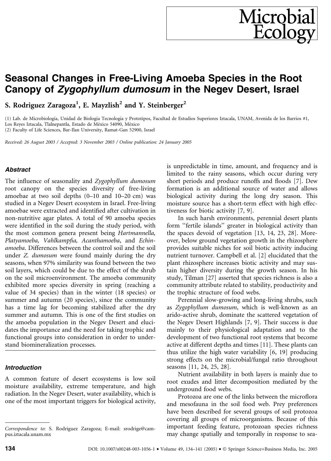 Seasonal Changes in Free-Living Amoeba Species in the Root Canopy of Zygophyllum dumosum in the Negev Desert, Israel by Zaragoza R.S. et al