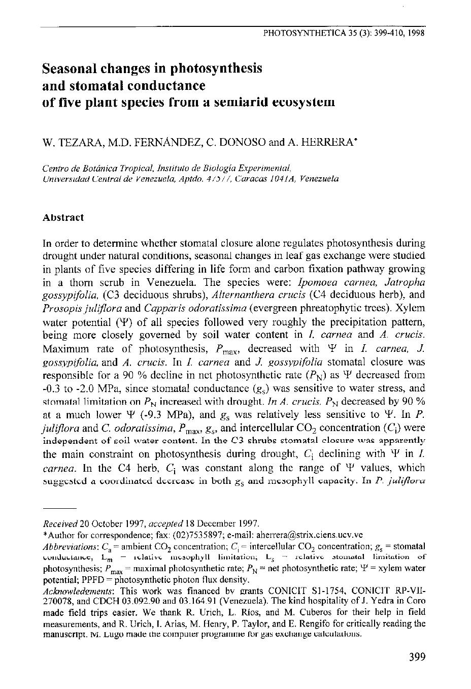 Seasonal Changes in Photosynthesis and Stomatal Conductance of Five Plant Species from a Semiarid Ecosystem by Unknown