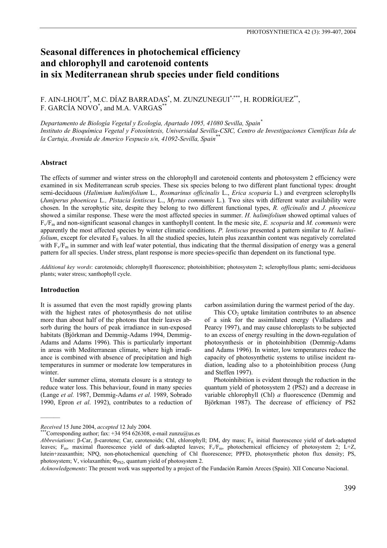 Seasonal Differences in Photochemical Efficiency and Chlorophyll and Carotenoid Contents in Six Mediterranean Shrub Species under Field Conditions by Unknown