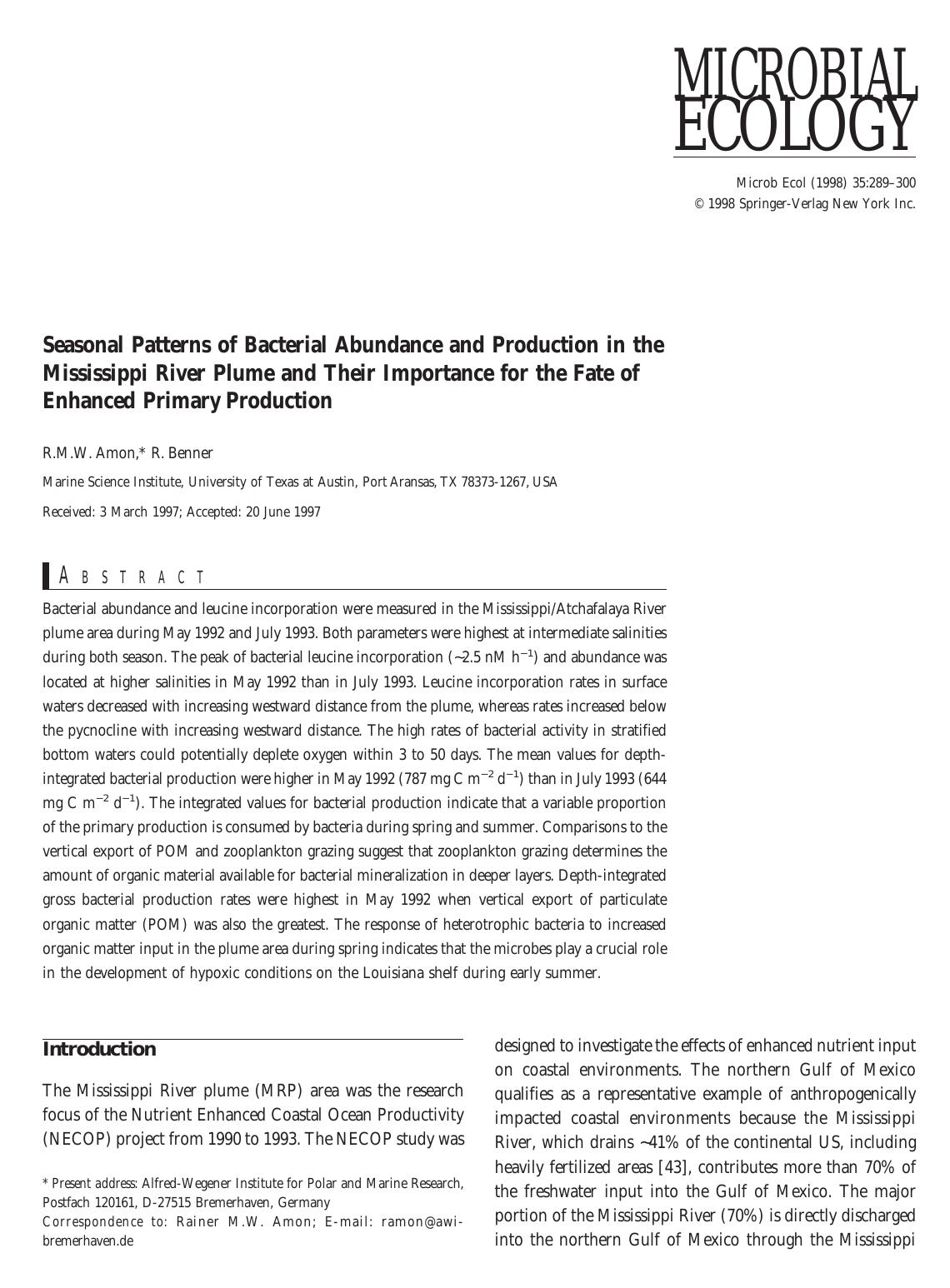 Seasonal Patterns of Bacterial Abundance and Production in the Mississippi River Plume and Their Importance for the Fate of Enhanced Primary Production by Amon R. et al