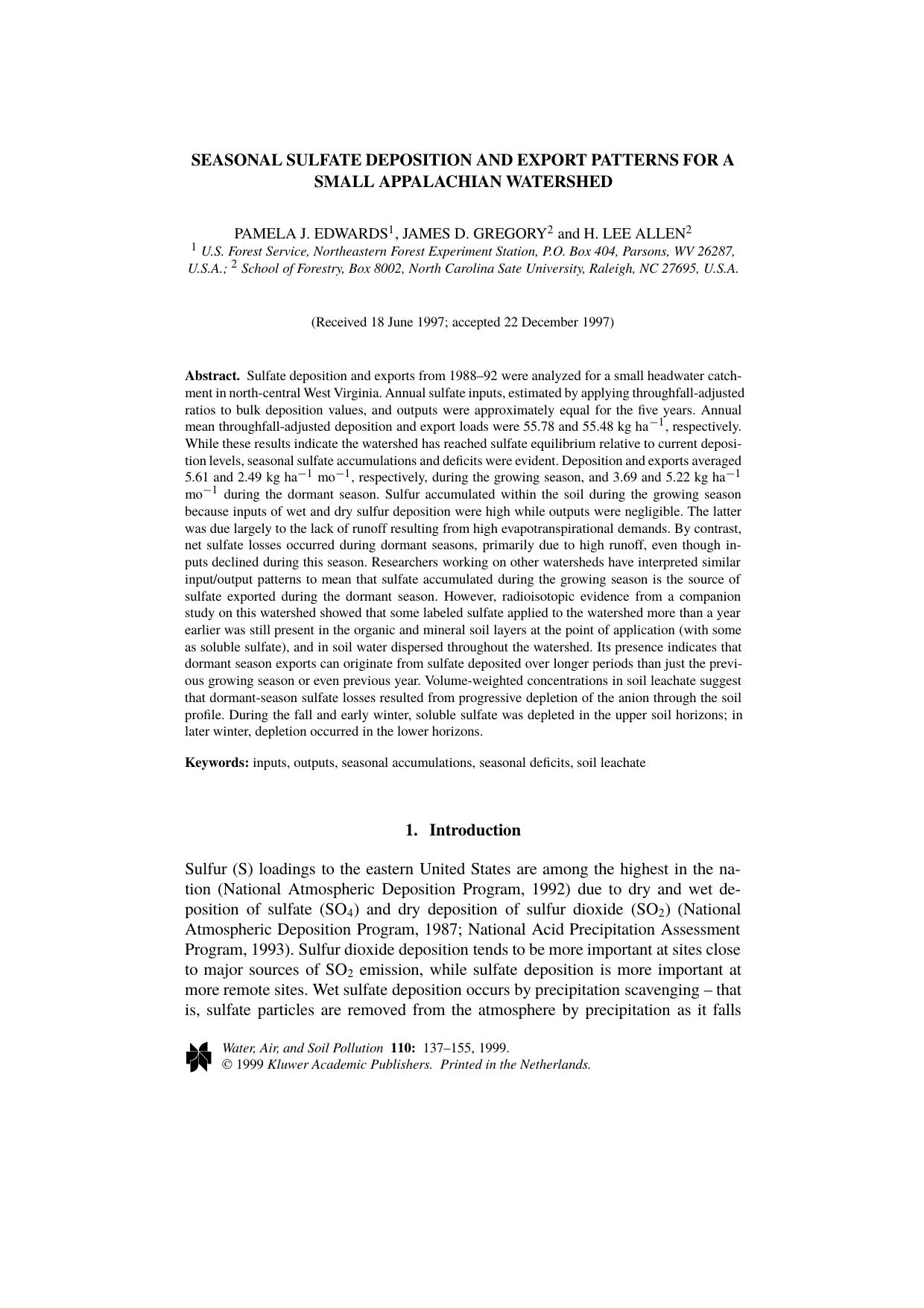 Seasonal Sulfate Deposition and Export Patterns for a Small Appalachian Watershed by Unknown
